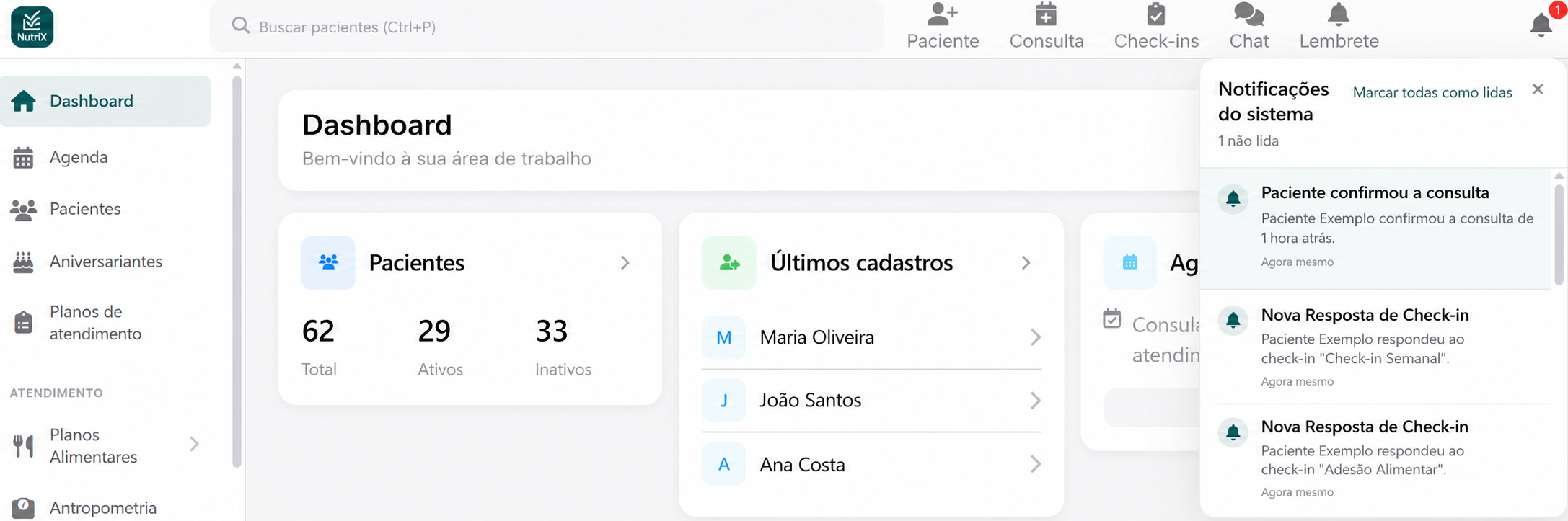 Dashboard real do NutriX com central de notificações aberta
